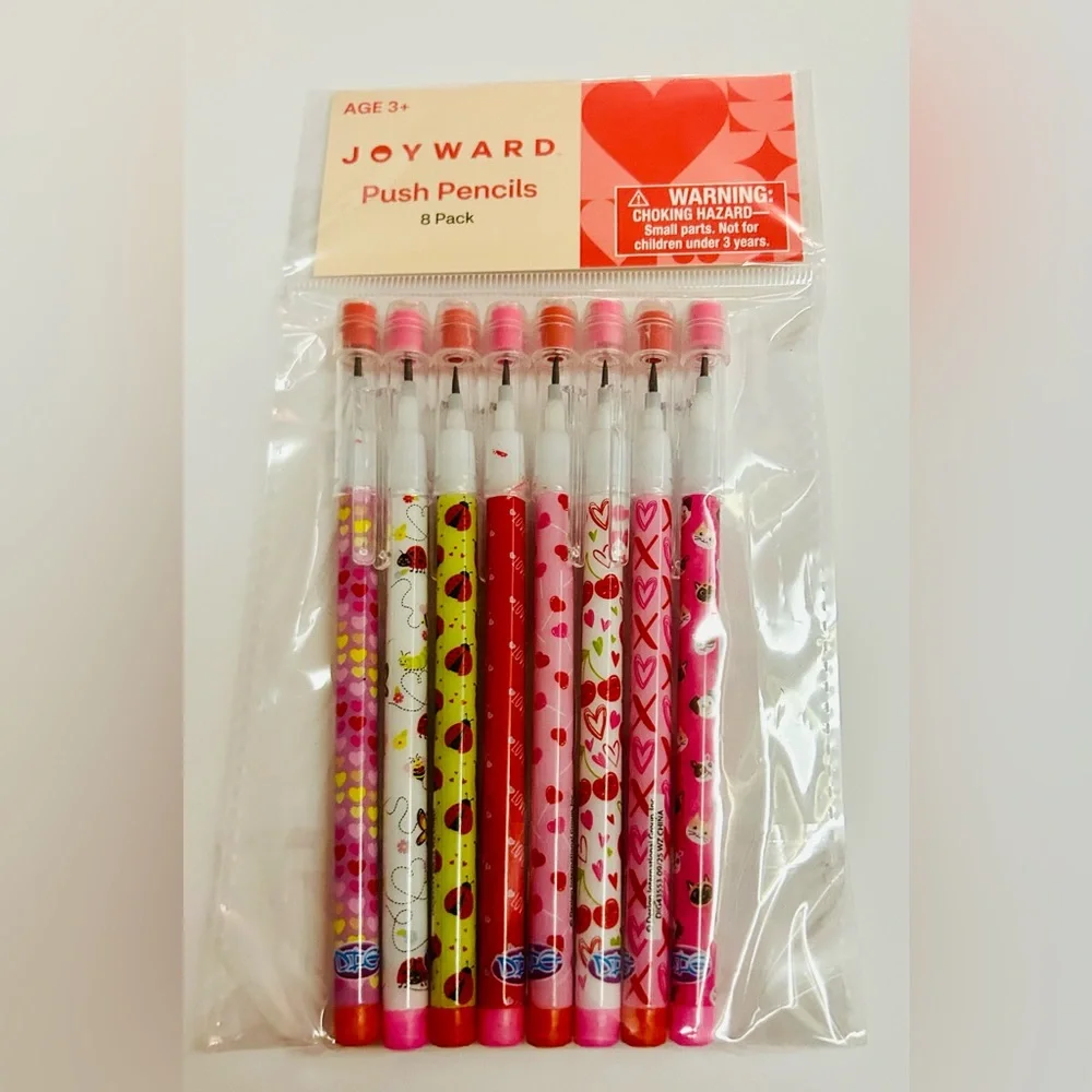 New Joyward Push Pencils 8 Pack Erasers Red White Pink Hearts Ladybugs